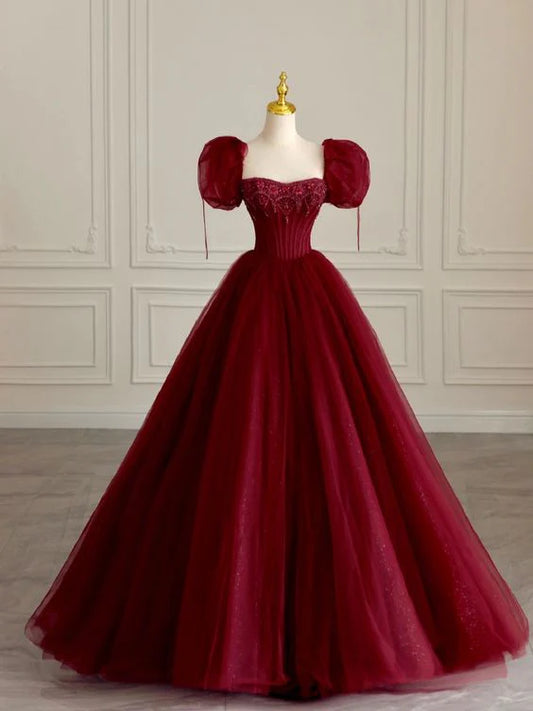 Enchanted Burgundy Square Neck Puff Sleeve Beaded Sparkle Tulle Lace-Up Back Ball Gown for Quinceañera & Wedding Events
