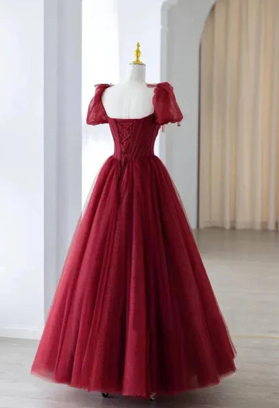 Enchanted Burgundy Square Neck Puff Sleeve Beaded Sparkle Tulle Lace-Up Back Ball Gown for Quinceañera & Wedding Events