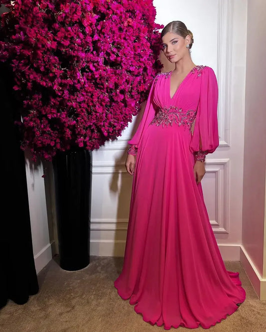Enchanted Fuchsia Deep V-Neck Bishop Sleeve Beaded Chiffon A-Line Floor-Length Evening Dress with Open Back for Gala & Wedding Reception Events