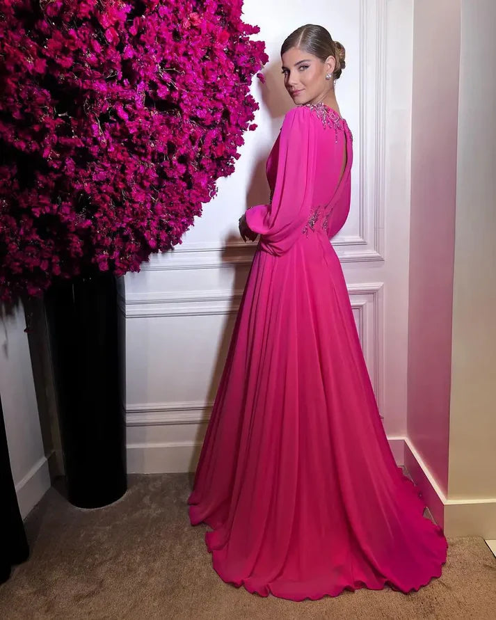 Enchanted Fuchsia Deep V-Neck Bishop Sleeve Beaded Chiffon A-Line Floor-Length Evening Dress with Open Back for Gala & Wedding Reception Events