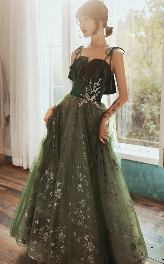 Enchanted Tie-Strap Ruffle Velvet Tulle Beaded A-Line Floor-Length Evening Dress for Prom & Gala Events