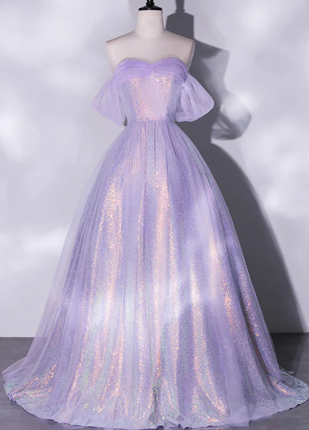 Enchanting Lilac Iridescent Sequin Off-the-Shoulder Puff Sleeve Lace-Up Back Ball Gown Evening Dresses with Train for Fairy-Tale Events & Red-Carpet Galas