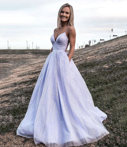 Enchanting Lilac Iridescent Tulle V-Neck Spaghetti Strap Lace-Up Back Ball Gown Prom Dresses