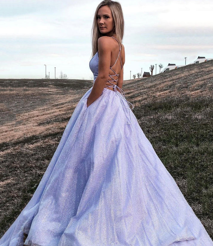 Enchanting Lilac Iridescent Tulle V-Neck Spaghetti Strap Lace-Up Back Ball Gown Prom Dresses