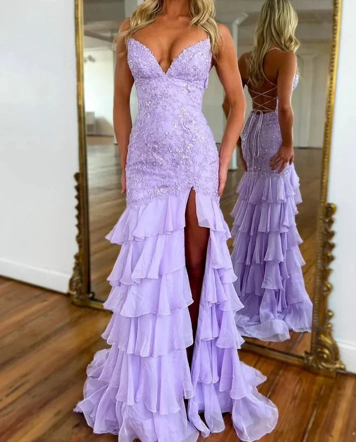 Enchanting Lilac Lace Sequin V-Neck Spaghetti Strap Lace-Up Back Tiered Ruffle Mermaid Evening Dresses with Train for Prom & Red-Carpet Events