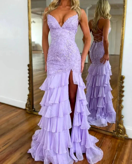 Enchanting Lilac Lace Sequin V-Neck Spaghetti Strap Lace-Up Back Tiered Ruffle Mermaid Evening Dresses with Train for Prom & Red-Carpet Events