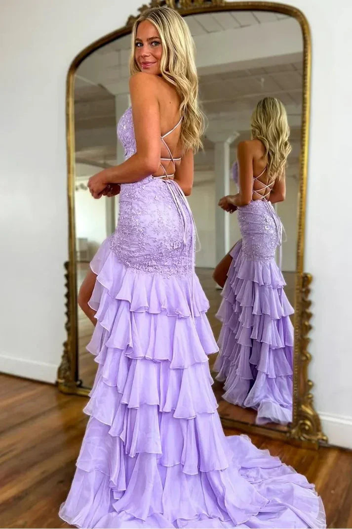 Enchanting Lilac Lace Sequin V-Neck Spaghetti Strap Lace-Up Back Tiered Ruffle Mermaid Evening Dresses with Train for Prom & Red-Carpet Events