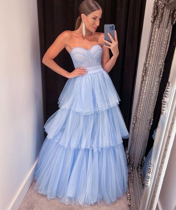 Enchanting Sky Blue Strapless Corset Bodice Tiered Tulle Ball Gown Evening Dresses for Fairy-Tale Events & Formal Galas