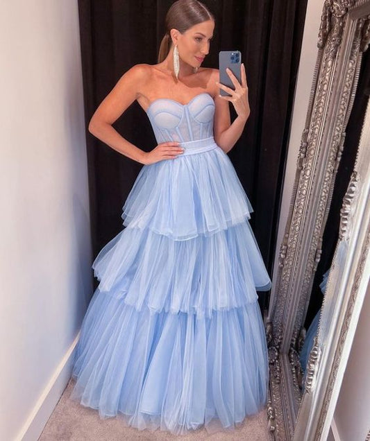 Enchanting Sky Blue Strapless Corset Bodice Tiered Tulle Ball Gown Evening Dresses for Fairy-Tale Events & Formal Galas