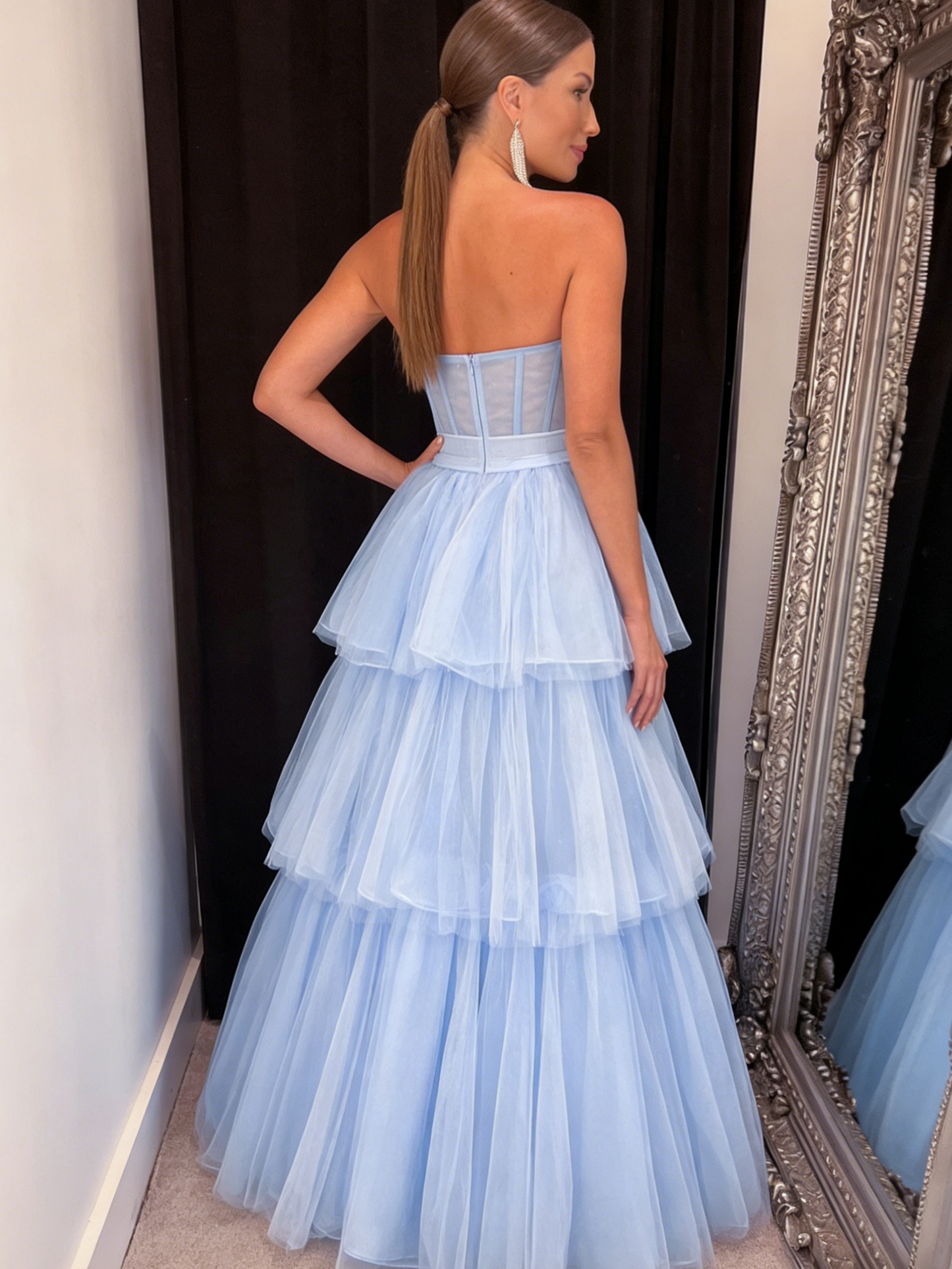Enchanting Sky Blue Strapless Corset Bodice Tiered Tulle Ball Gown Evening Dresses for Fairy-Tale Events & Formal Galas