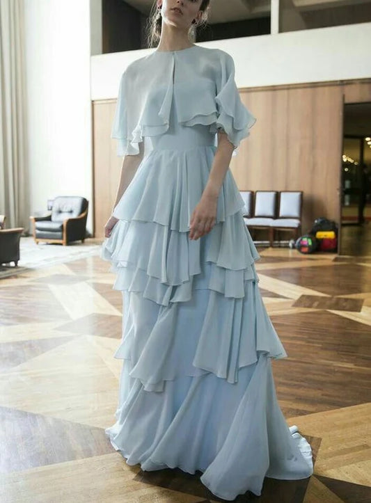 Ethereal Crew Neck Cape Sleeve Tiered Chiffon A-Line Floor-Length Evening Dress for Gala & Wedding Events