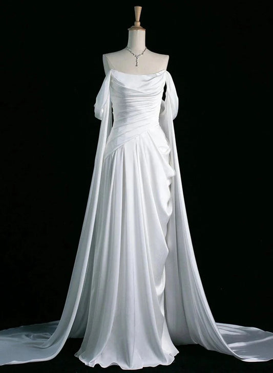 Ethereal Off-the-Shoulder Satin Evening Dress with Dramatic Train for Luxury Weddings & Red-Carpet Events