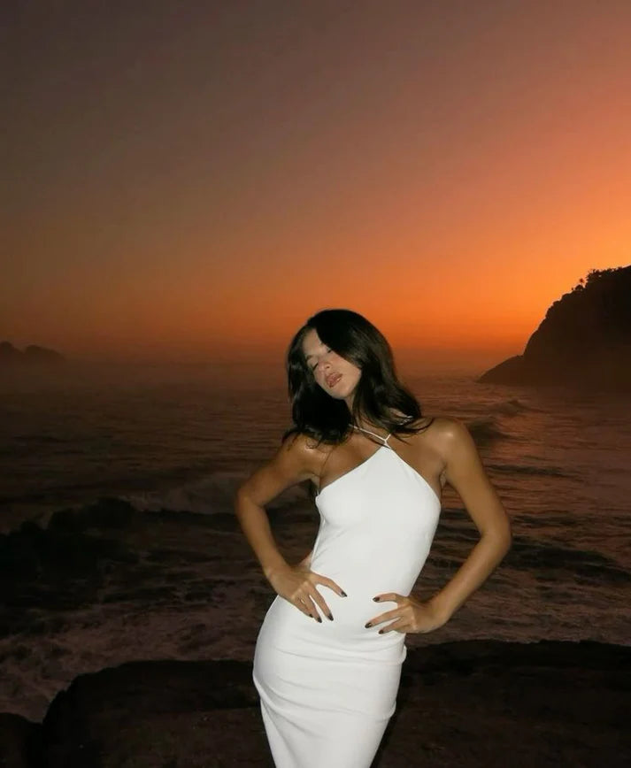 Ethereal White Halter-Neck Open-Back Mermaid Evening Dress for Coastal Weddings, Sunset Galas & Destination Events