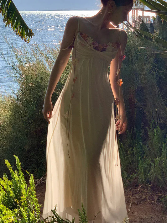Ethereal Floral-Embellished Chiffon Maxi Evening Dress for Destination Weddings, Beach Galas & Resort Soirées