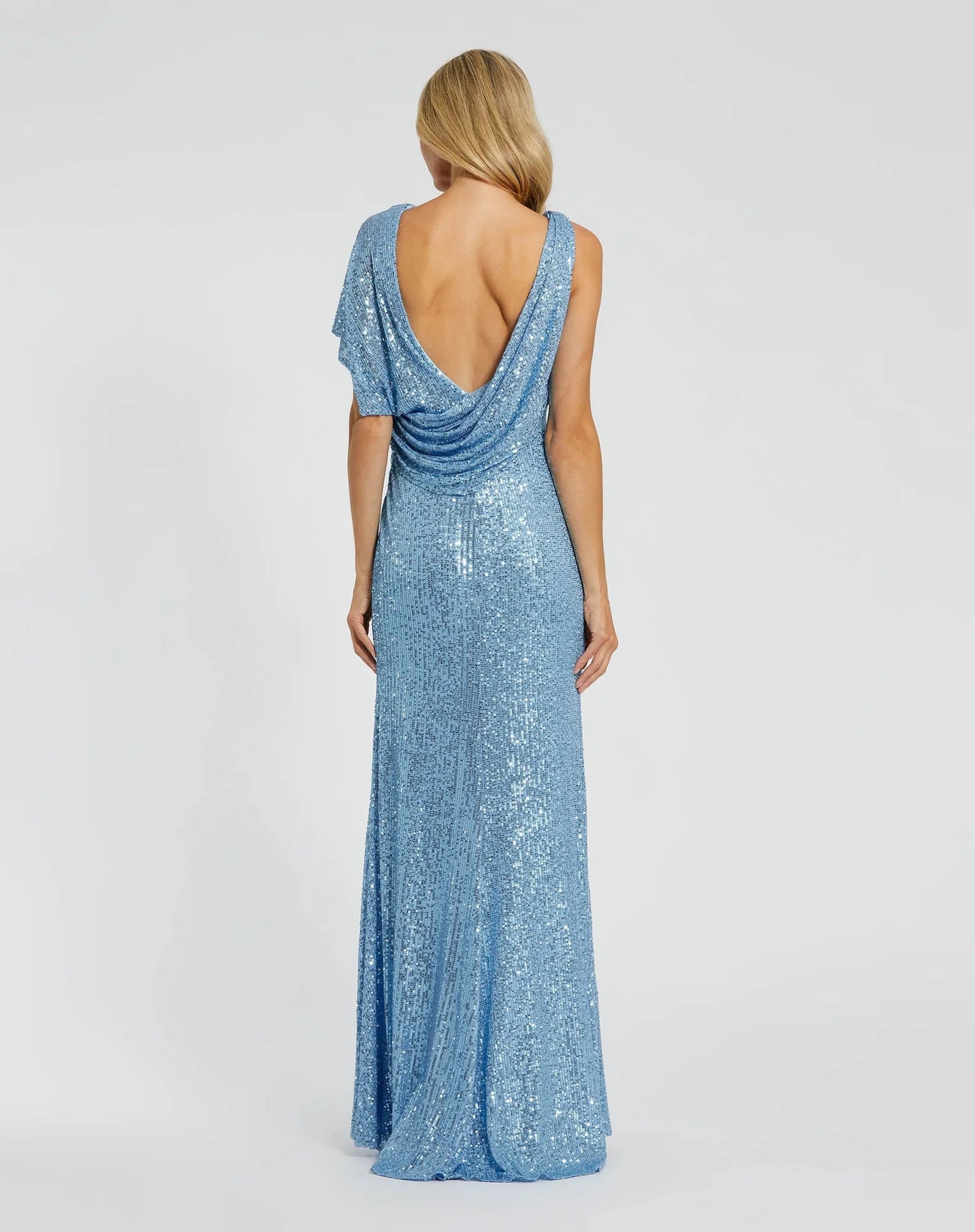 Glam Sequin One-Shoulder Deep-V Back Ruched Side-Slit Train-Length Mother of the Bride Dress