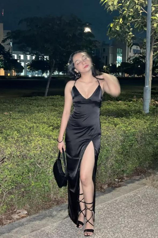 Glamorous Black Satin Deep V Halter Neck Lace-Up Back High-Slit Maxi Evening Dresses for Cocktail Parties & Night Out Events