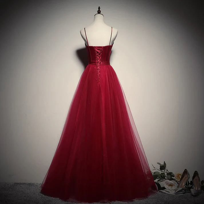 Glamorous Burgundy Satin V-Neck Spaghetti Strap Lace-Up Back Tulle Ball Gown Evening Dresses for Red-Carpet Events & Formal Galas
