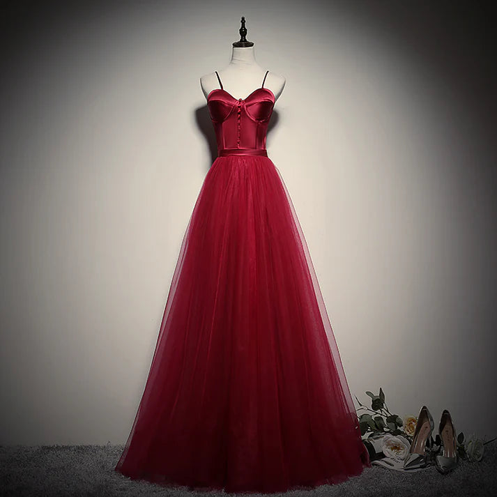 Glamorous Burgundy Satin V-Neck Spaghetti Strap Lace-Up Back Tulle Ball Gown Evening Dresses for Red-Carpet Events & Formal Galas