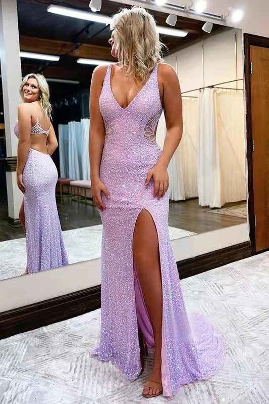 Glamorous Deep V-Neck Spaghetti Strap Open-Back Sequin Slit Mermaid Floor-Length Evening Dress for Prom & Gala Events