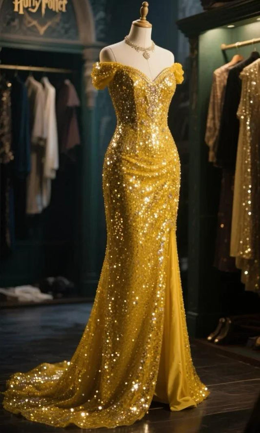 Glamorous Gold Sequin Off-the-Shoulder Sweetheart Neckline Mermaid Evening Dresses with Train for Red-Carpet Events & Wizarding-Themed Galas
