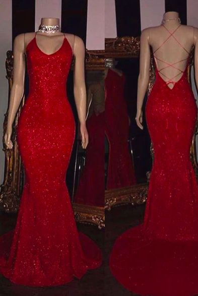Glamorous Ruby Red Sequin V-Neck Spaghetti Strap Lace-Up Back Mermaid Prom Dresses