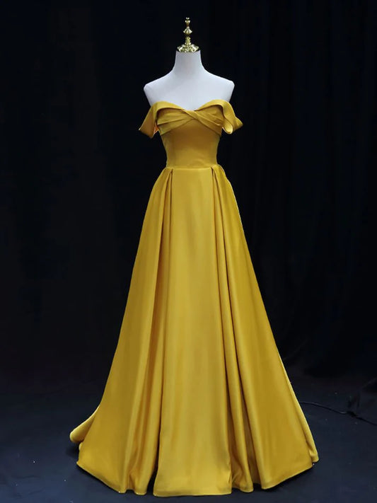 Golden Yellow Satin Off-Shoulder A-Line Evening Gown with Train for Prom Nights, Garden Galas & Destination Weddings