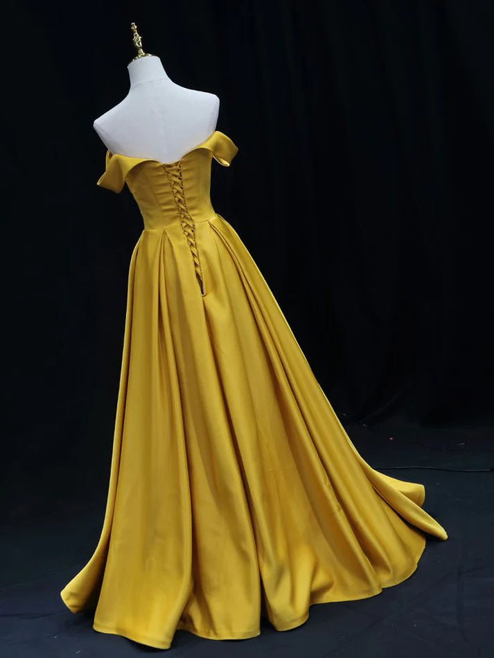 Golden Yellow Satin Off-Shoulder A-Line Evening Gown with Train for Prom Nights, Garden Galas & Destination Weddings