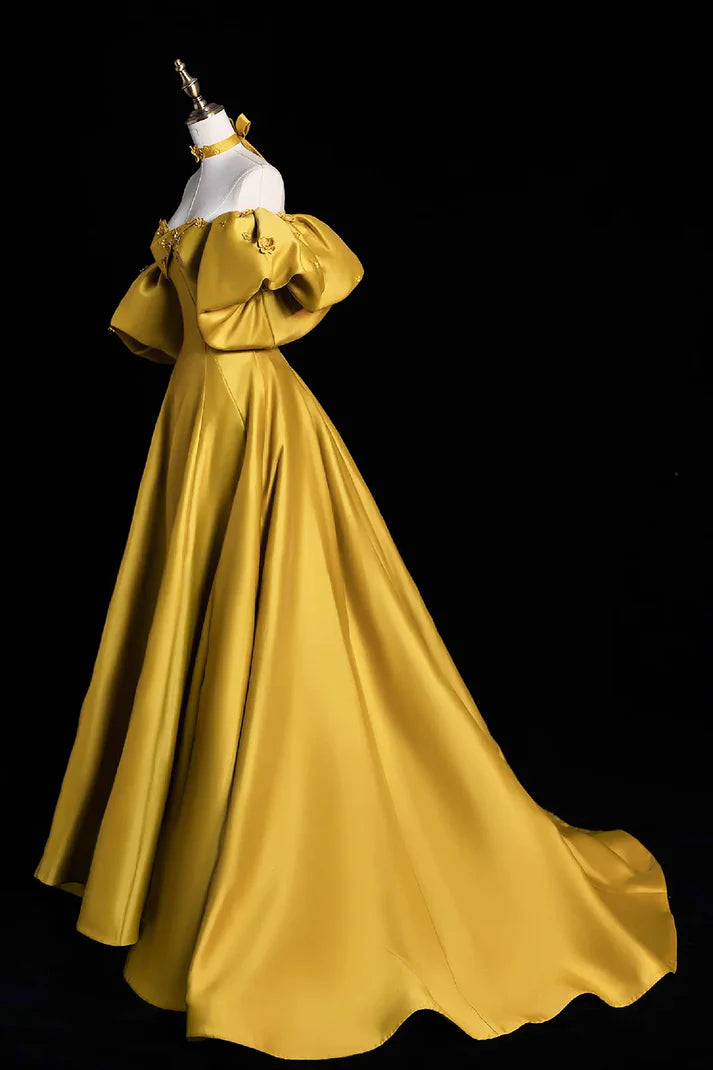 Golden Yellow Satin Off-Shoulder Puff-Sleeve Ball Gown with Train for Fairytale Weddings, Royal-Themed Events & Debutante Balls