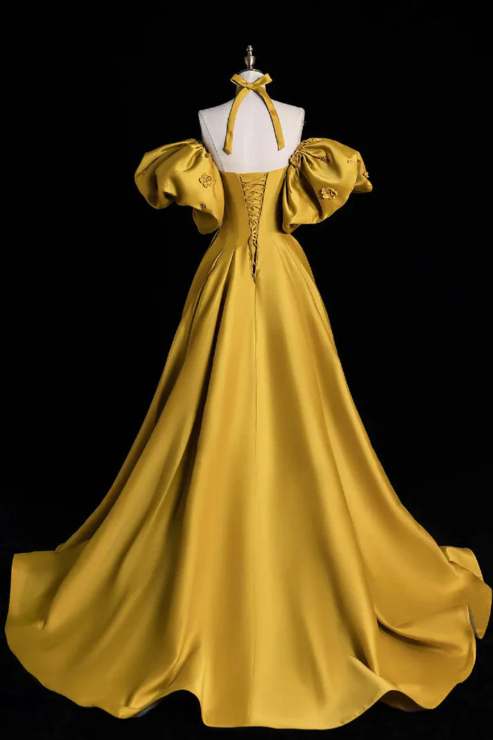 Golden Yellow Satin Off-Shoulder Puff-Sleeve Ball Gown with Train for Fairytale Weddings, Royal-Themed Events & Debutante Balls