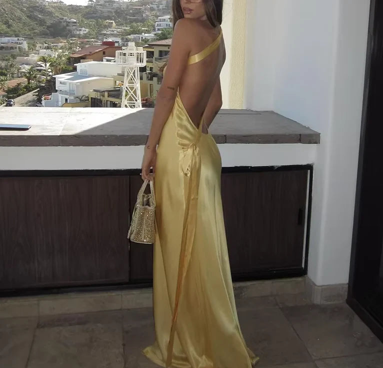 Golden Yellow Satin One-Shoulder Open-Back Maxi Evening Dress for Sunset Soirées, Beach Weddings & Luxury Vacations