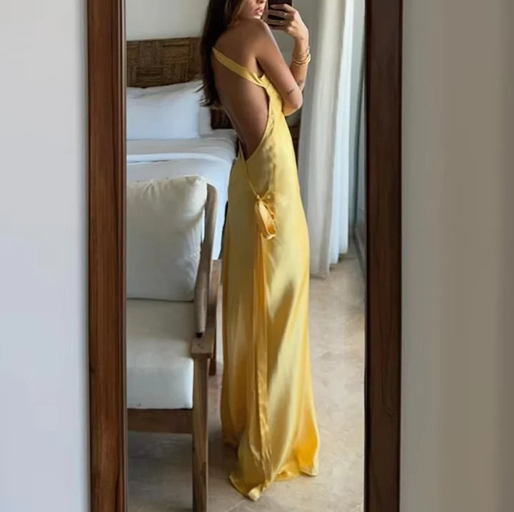 Golden Yellow Satin One-Shoulder Open-Back Maxi Evening Dress for Sunset Soirées, Beach Weddings & Luxury Vacations