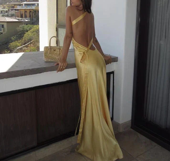 Golden Yellow Satin One-Shoulder Open-Back Maxi Evening Dress for Sunset Soirées, Beach Weddings & Luxury Vacations