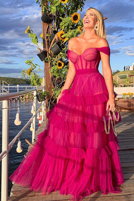 Dramatic ball gown off-the-shoulder corset tiered tulle floor-length prom dress