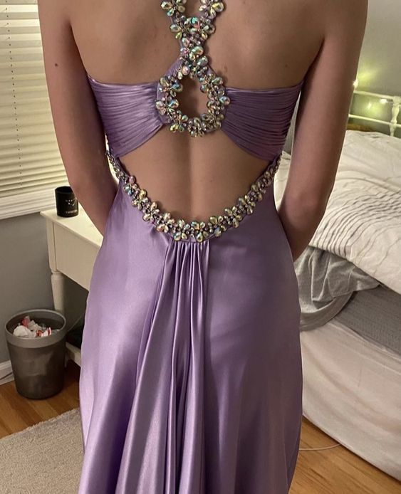 Lavender Satin Halter Crystal-Embellished Open-Back Evening Dress for Prom, Gala Events & Wedding Guest Occasions