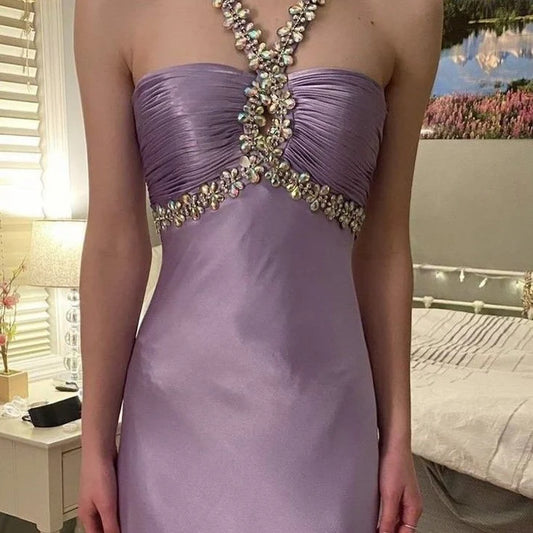 Lavender Satin Halter Crystal-Embellished Open-Back Evening Dress for Prom, Gala Events & Wedding Guest Occasions