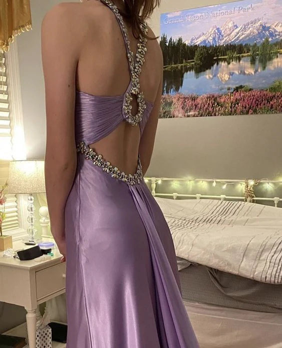 Lavender Satin Halter Crystal-Embellished Open-Back Evening Dress for Prom, Gala Events & Wedding Guest Occasions