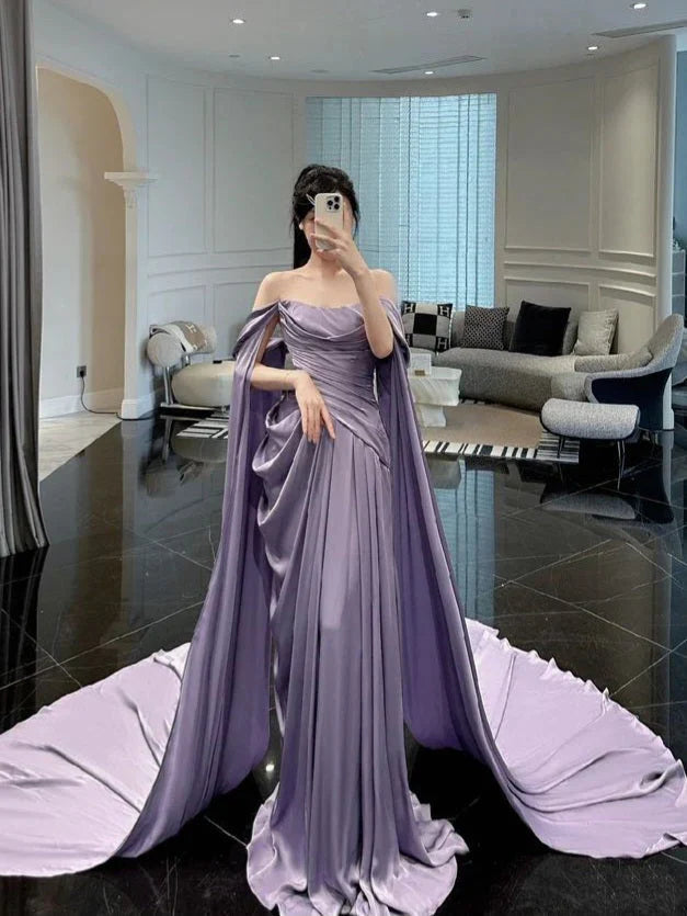 Lavender Satin Off-Shoulder Cape Train Mermaid Evening Dress for Red-Carpet Events, Gala Dinners & Luxury Weddings