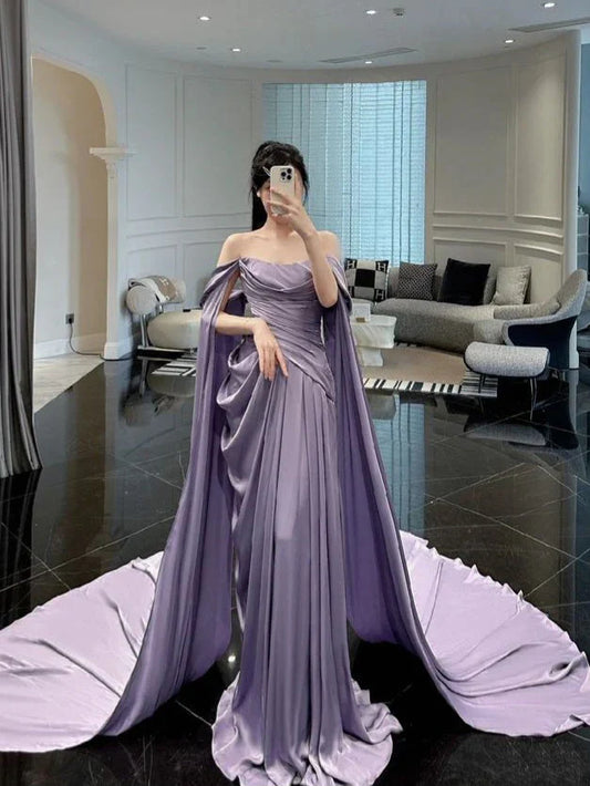 Lavender Satin Off-Shoulder Cape Train Mermaid Evening Dress for Red-Carpet Events, Gala Dinners & Luxury Weddings