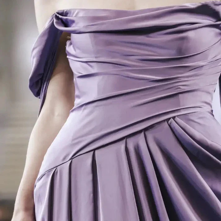 Lavender Satin Off-Shoulder Cape Train Mermaid Evening Dress for Red-Carpet Events, Gala Dinners & Luxury Weddings