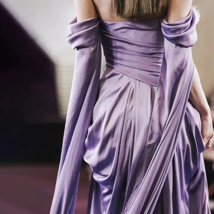Lavender Satin Off-Shoulder Cape Train Mermaid Evening Dress for Red-Carpet Events, Gala Dinners & Luxury Weddings
