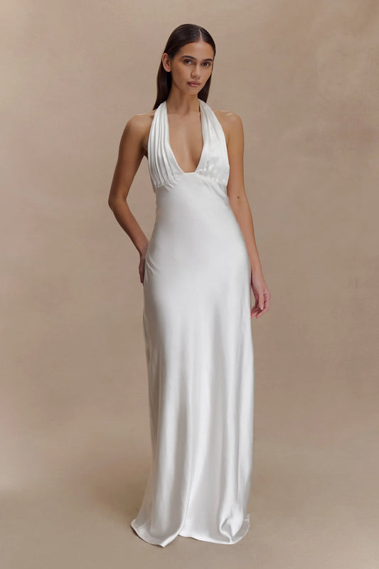 Luxe Ivory Satin Halter Neck Ruched Deep V-Plunge Full Open-Back Fluid Column Wedding Dress