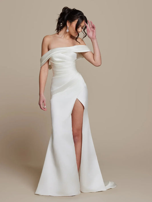 Luxe Ivory Satin Off-the-Shoulder Ruched Bodice High-Slit Mermaid Wedding Dress with Pearl-Button Back & Sweeping Train