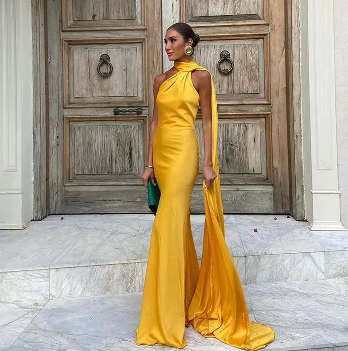 Luxury Satin One-Shoulder Cape Train Mermaid Evening Dress for Red-Carpet Events, Gala Dinners & Destination Weddings