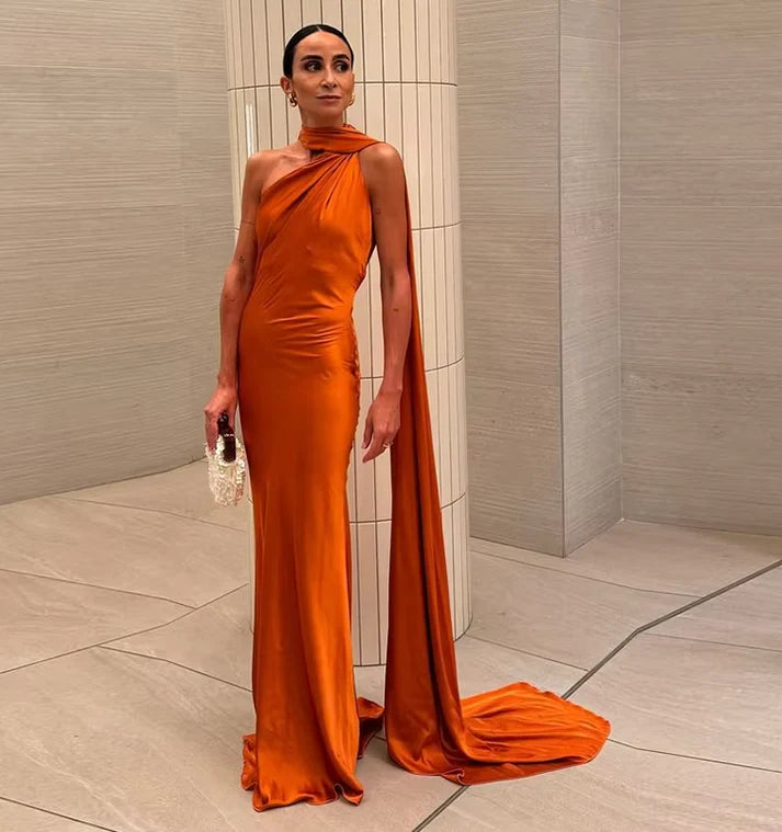 Luxury Satin One-Shoulder Cape Train Mermaid Evening Dress for Red-Carpet Events, Gala Dinners & Destination Weddings