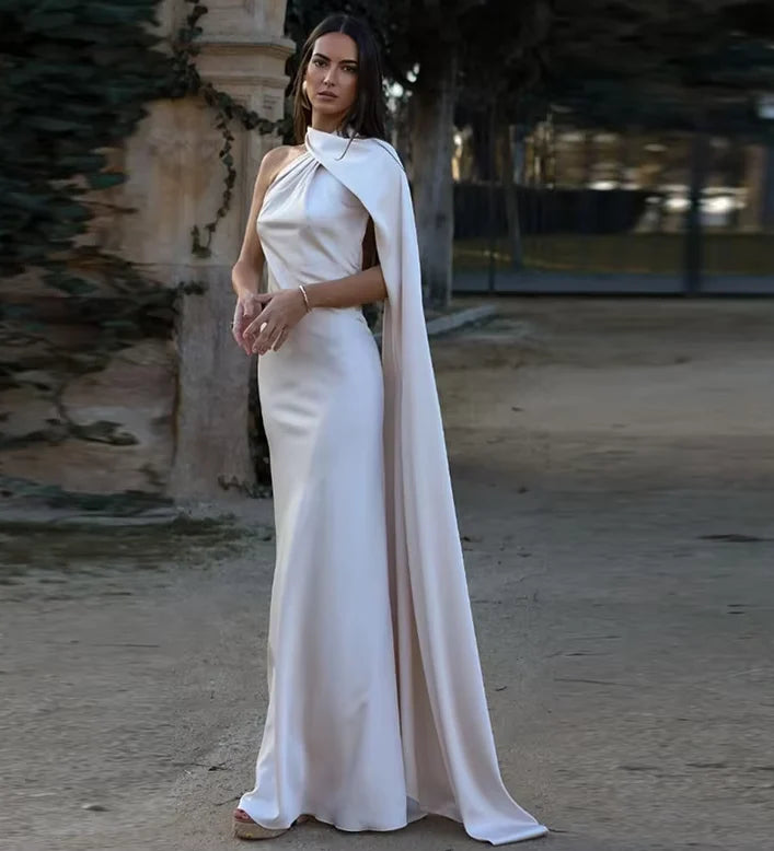 Luxury Satin One-Shoulder Cape Train Mermaid Evening Dress for Red-Carpet Events, Gala Dinners & Destination Weddings