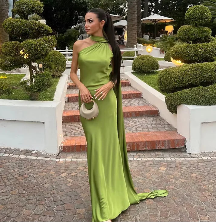 Luxury Satin One-Shoulder Cape Train Mermaid Evening Dress for Red-Carpet Events, Gala Dinners & Destination Weddings