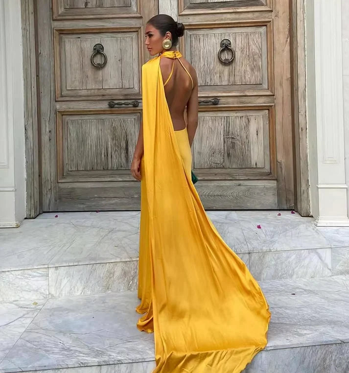 Luxury Satin One-Shoulder Cape Train Mermaid Evening Dress for Red-Carpet Events, Gala Dinners & Destination Weddings