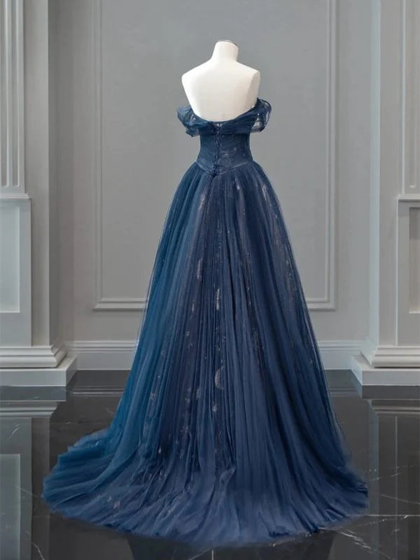 Midnight Blue Tulle Off-Shoulder Sparkle A-Line Evening Gown with Train for Prom Nights, Winter Weddings & Starry Night Galas