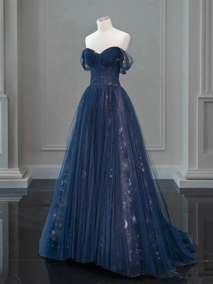 Midnight Blue Tulle Off-Shoulder Sparkle A-Line Evening Gown with Train for Prom Nights, Winter Weddings & Starry Night Galas