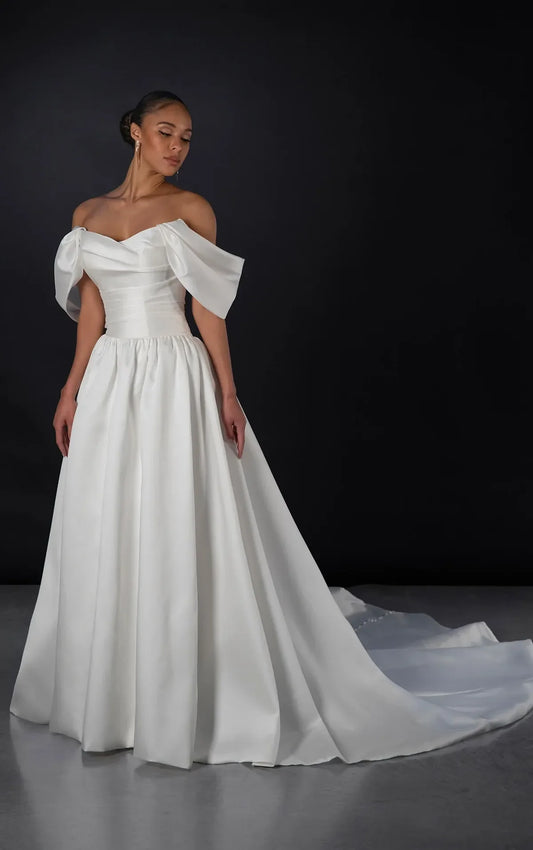 Opulent Ivory Satin Off-the-Shoulder Bow Sleeve Ruched Bodice Pearl-Button Back Ballgown Wedding Dress with Dramatic Train